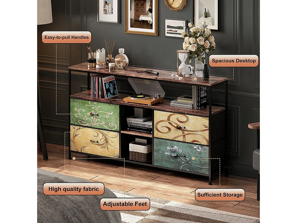 Supports TV - 137 x 30 x 78 cm - Avec éclairage LED - 4 tiroirs et compartiments ouverts & haut en bois & cadre métallique - coloré