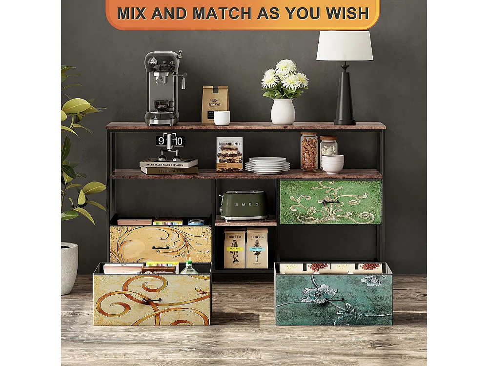 Supports TV - 137 x 30 x 78 cm - Avec éclairage LED - 4 tiroirs et compartiments ouverts & haut en bois & cadre métallique - coloré