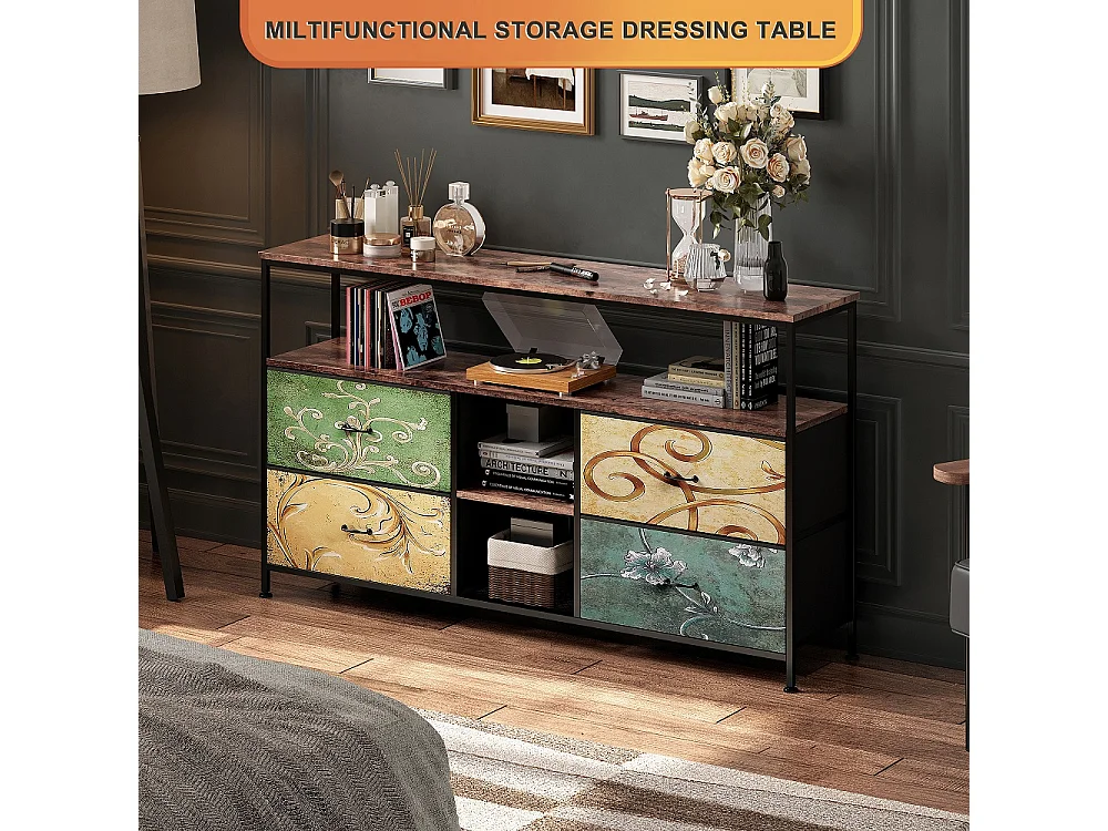 Supports TV - 137 x 30 x 78 cm - Avec éclairage LED - 4 tiroirs et compartiments ouverts & haut en bois & cadre métallique - coloré