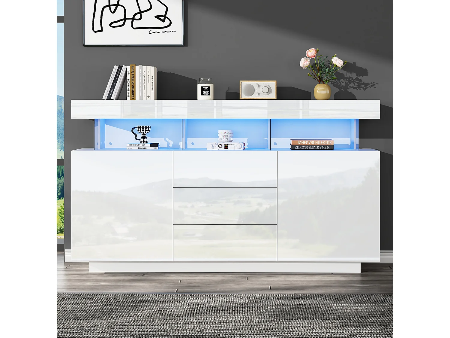 Buffet de cuisine avec led, 3 tiroirs et 2 portes, blanc, 140 x 35 x 80 cm