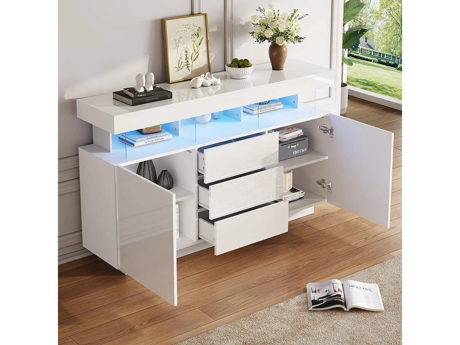 Buffet de cuisine avec led, 3 tiroirs et 2 portes, blanc, 140 x 35 x 80 cm