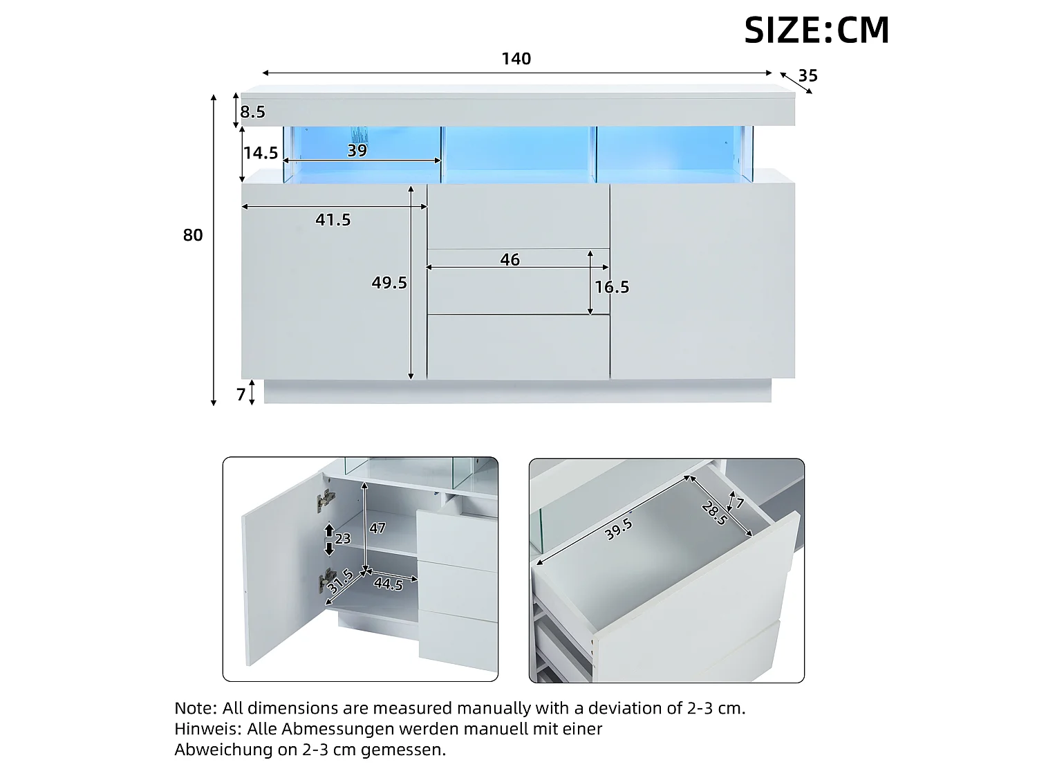 Buffet de cuisine avec led, 3 tiroirs et 2 portes, blanc, 140 x 35 x 80 cm