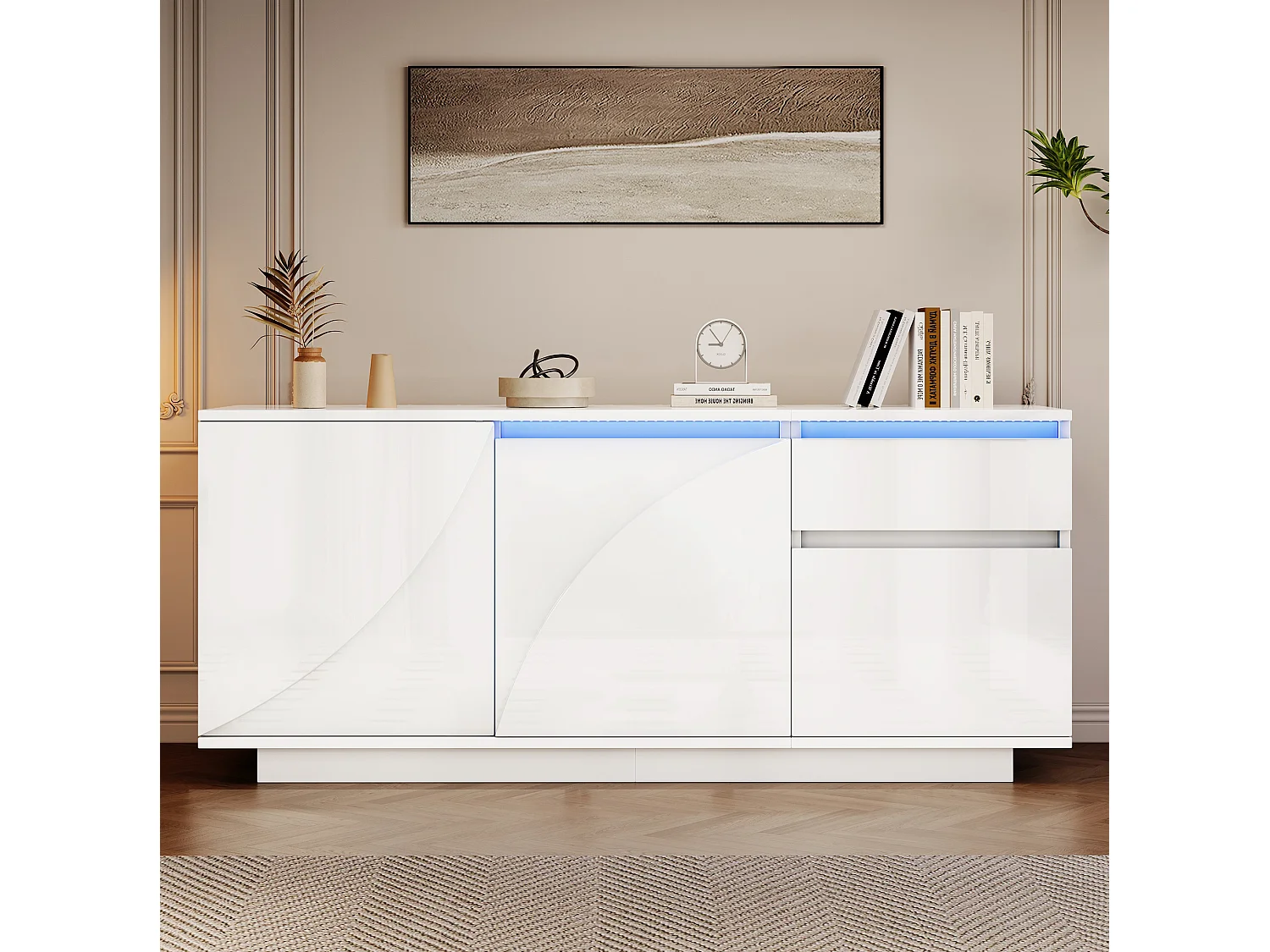 Buffet avec led, 3 portes, 1 tiroir et étagères réglables, en MDF, blanc, 140 x 40 x 60 cm