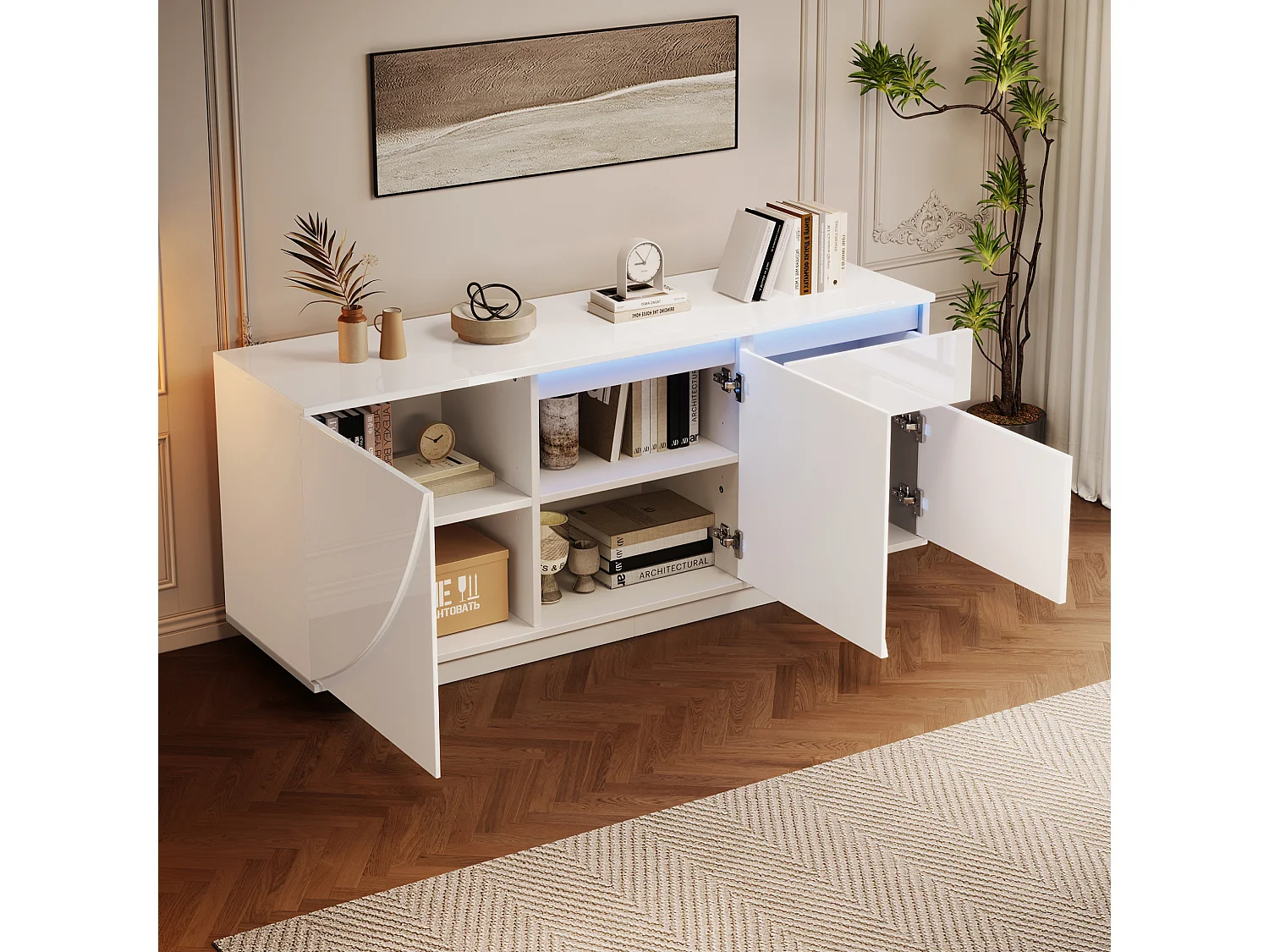 Buffet avec led, 3 portes, 1 tiroir et étagères réglables, en MDF, blanc, 140 x 40 x 60 cm