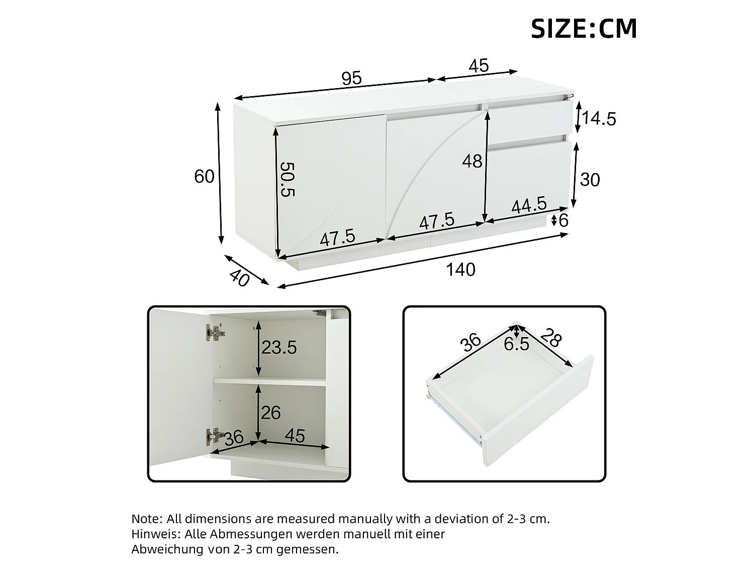 Buffet avec led, 3 portes, 1 tiroir et étagères réglables, en MDF, blanc, 140 x 40 x 60 cm