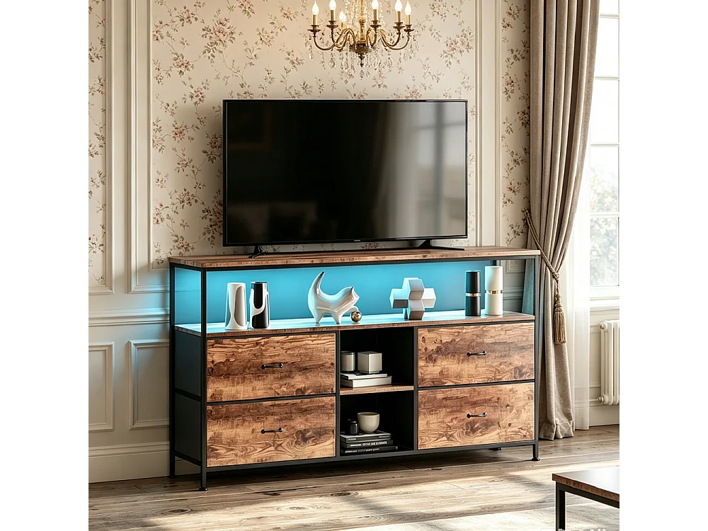 Supports TV - 137 x 30 x 78 cm - Avec éclairage LED - 4 tiroirs et compartiments ouverts & plafond en bois & cadre métallique - marron
