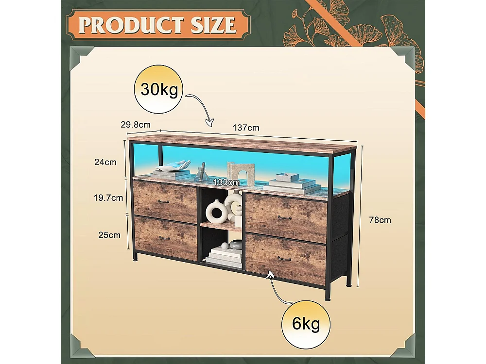 Supports TV - 137 x 30 x 78 cm - Avec éclairage LED - 4 tiroirs et compartiments ouverts & plafond en bois & cadre métallique - marron