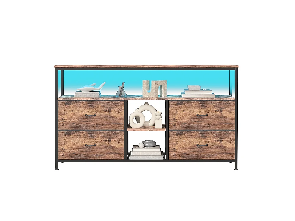 Supports TV - 137 x 30 x 78 cm - Avec éclairage LED - 4 tiroirs et compartiments ouverts & plafond en bois & cadre métallique - marron