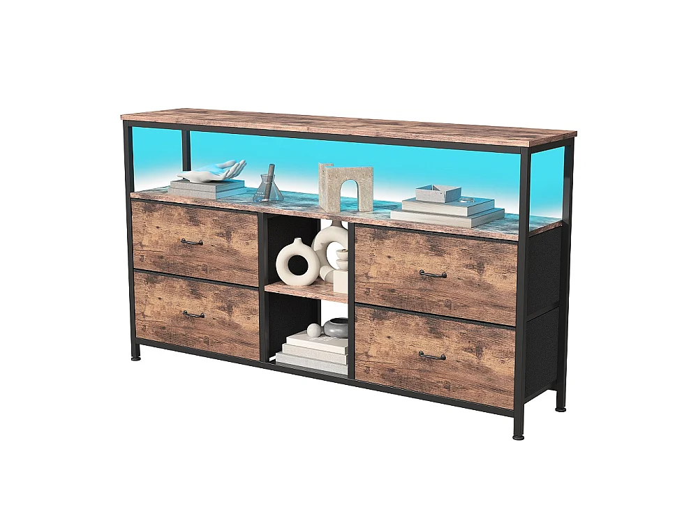 Supports TV - 137 x 30 x 78 cm - Avec éclairage LED - 4 tiroirs et compartiments ouverts & plafond en bois & cadre métallique - marron