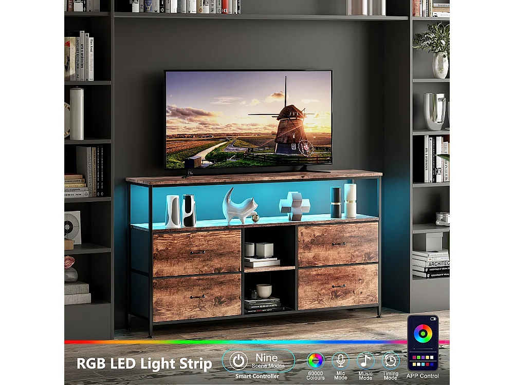 Supports TV - 137 x 30 x 78 cm - Avec éclairage LED - 4 tiroirs et compartiments ouverts & plafond en bois & cadre métallique - marron