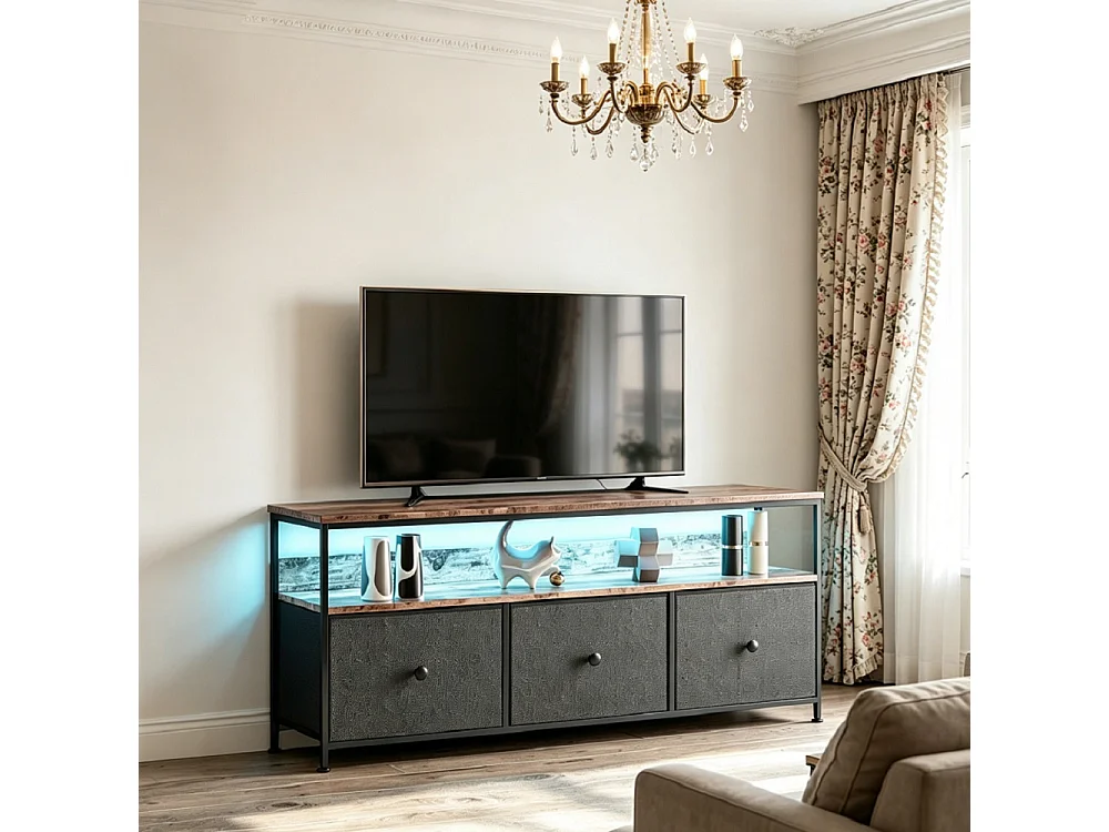 Supports TV - 137 x 30 x 57cm - Avec éclairage LED - 3 tiroirs en tissu et haut en bois et cadre métallique - Noir