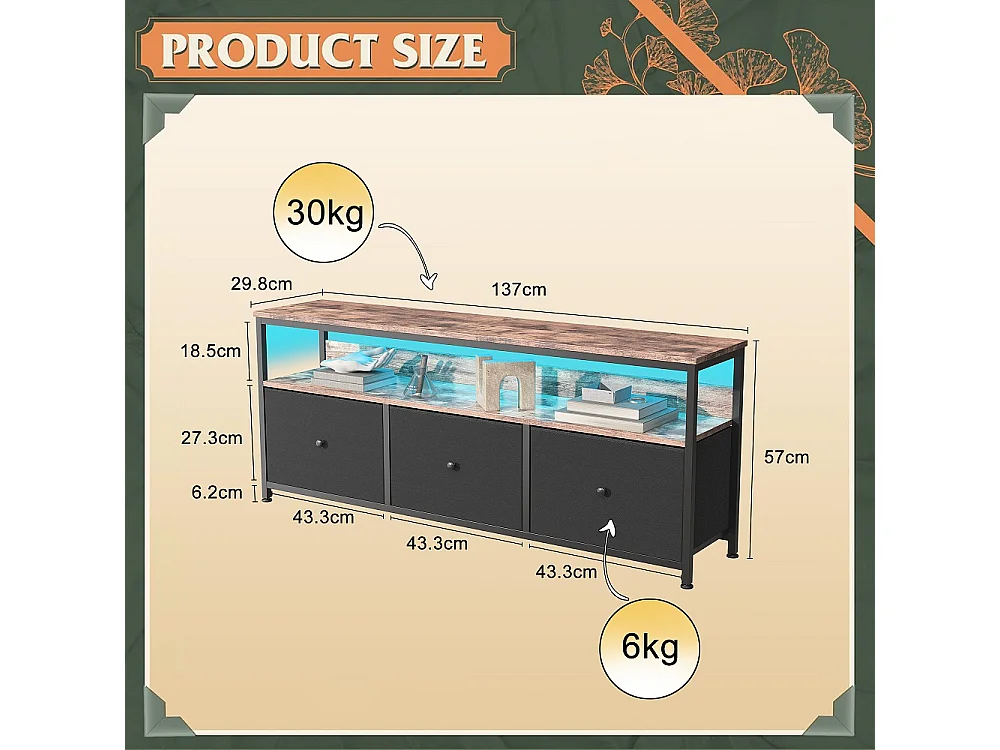 Supports TV - 137 x 30 x 57cm - Avec éclairage LED - 3 tiroirs en tissu et haut en bois et cadre métallique - Noir