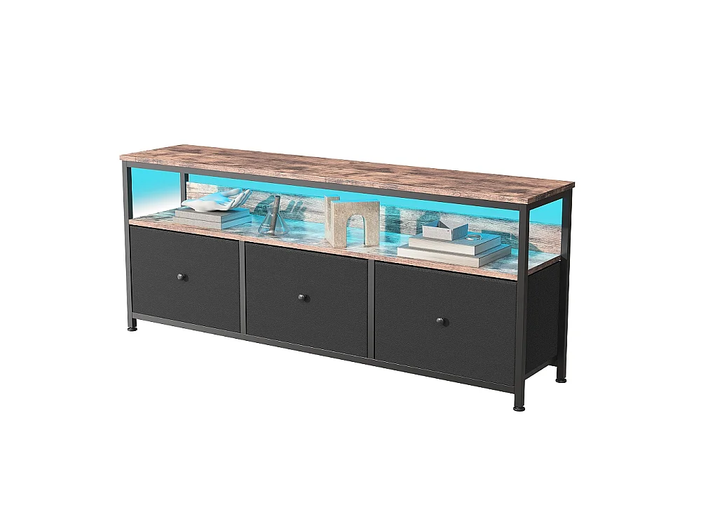 Supports TV - 137 x 30 x 57cm - Avec éclairage LED - 3 tiroirs en tissu et haut en bois et cadre métallique - Noir