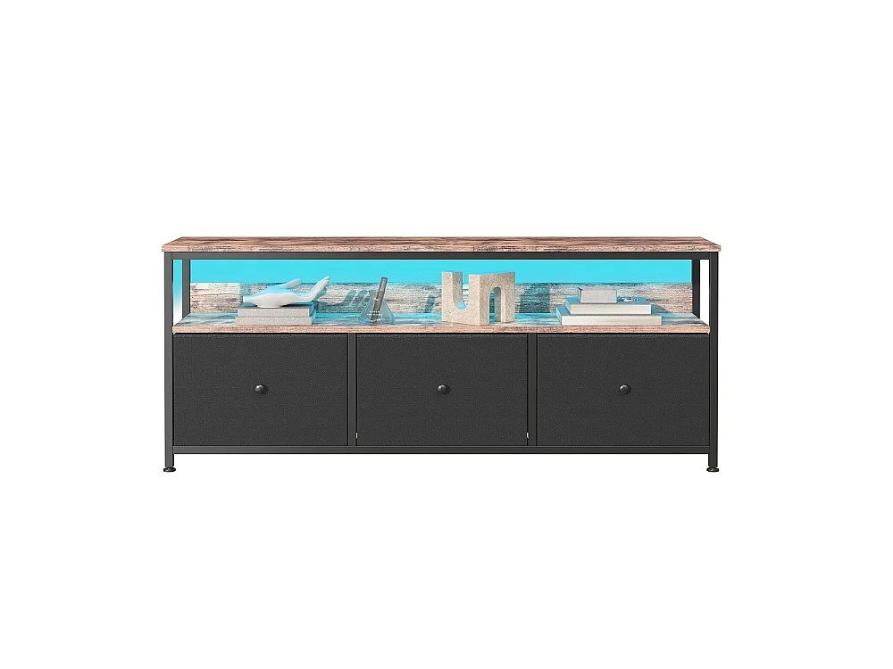 Supports TV - 137 x 30 x 57cm - Avec éclairage LED - 3 tiroirs en tissu et haut en bois et cadre métallique - Noir