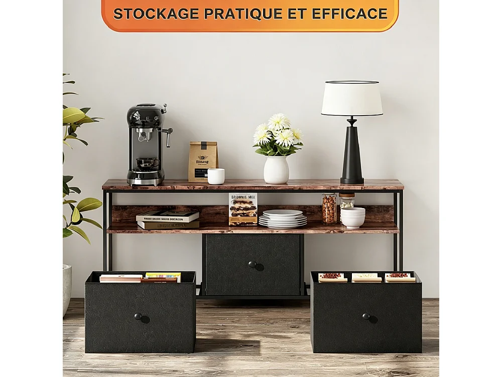 Supports TV - 137 x 30 x 57cm - Avec éclairage LED - 3 tiroirs en tissu et haut en bois et cadre métallique - Noir