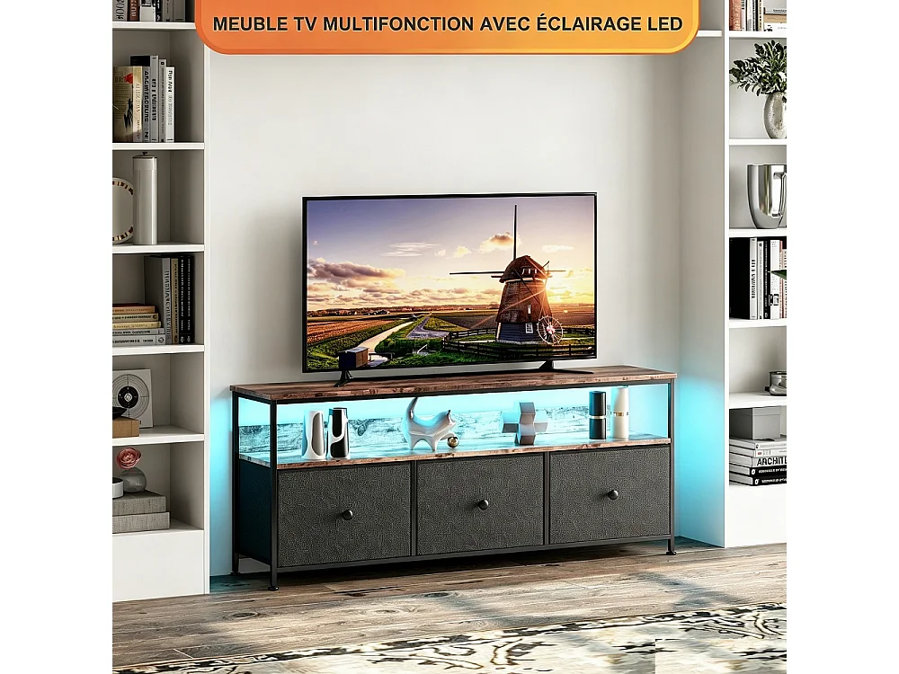 Supports TV - 137 x 30 x 57cm - Avec éclairage LED - 3 tiroirs en tissu et haut en bois et cadre métallique - Noir
