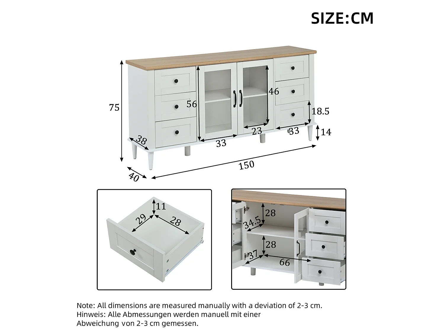 Buffet de salon avec LED, 6 tiroirs et 2 portes acryliques, blanc et bois, 150 x 40 x 75 cm