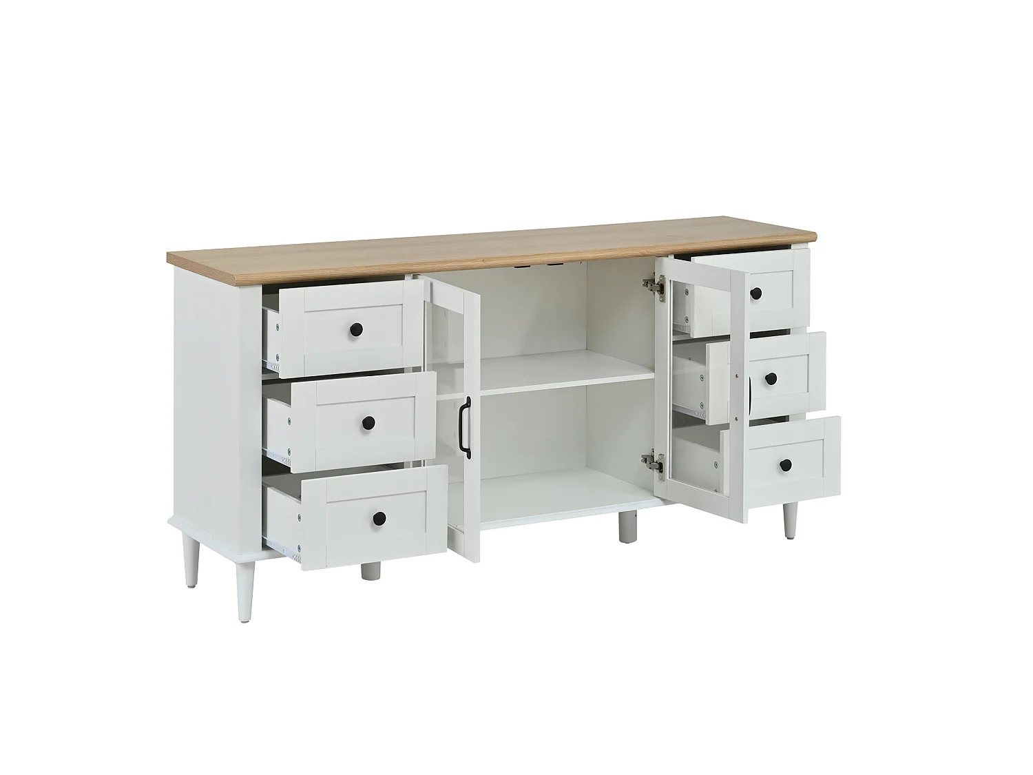 Buffet de salon avec LED, 6 tiroirs et 2 portes acryliques, blanc et bois, 150 x 40 x 75 cm