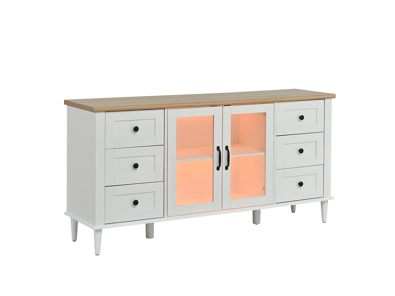 Buffet de salon avec LED, 6 tiroirs et 2 portes acryliques, blanc et bois, 150 x 40 x 75 cm