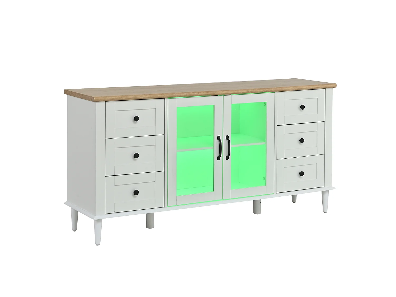 Buffet de salon avec LED, 6 tiroirs et 2 portes acryliques, blanc et bois, 150 x 40 x 75 cm