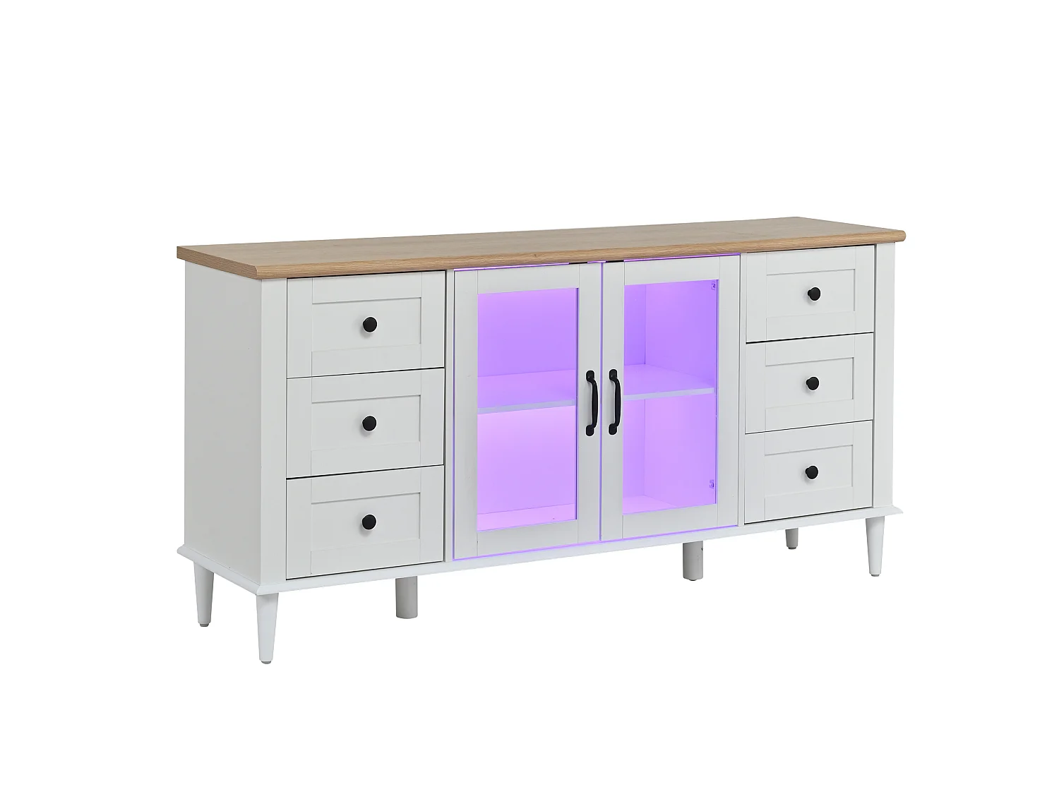 Buffet de salon avec LED, 6 tiroirs et 2 portes acryliques, blanc et bois, 150 x 40 x 75 cm