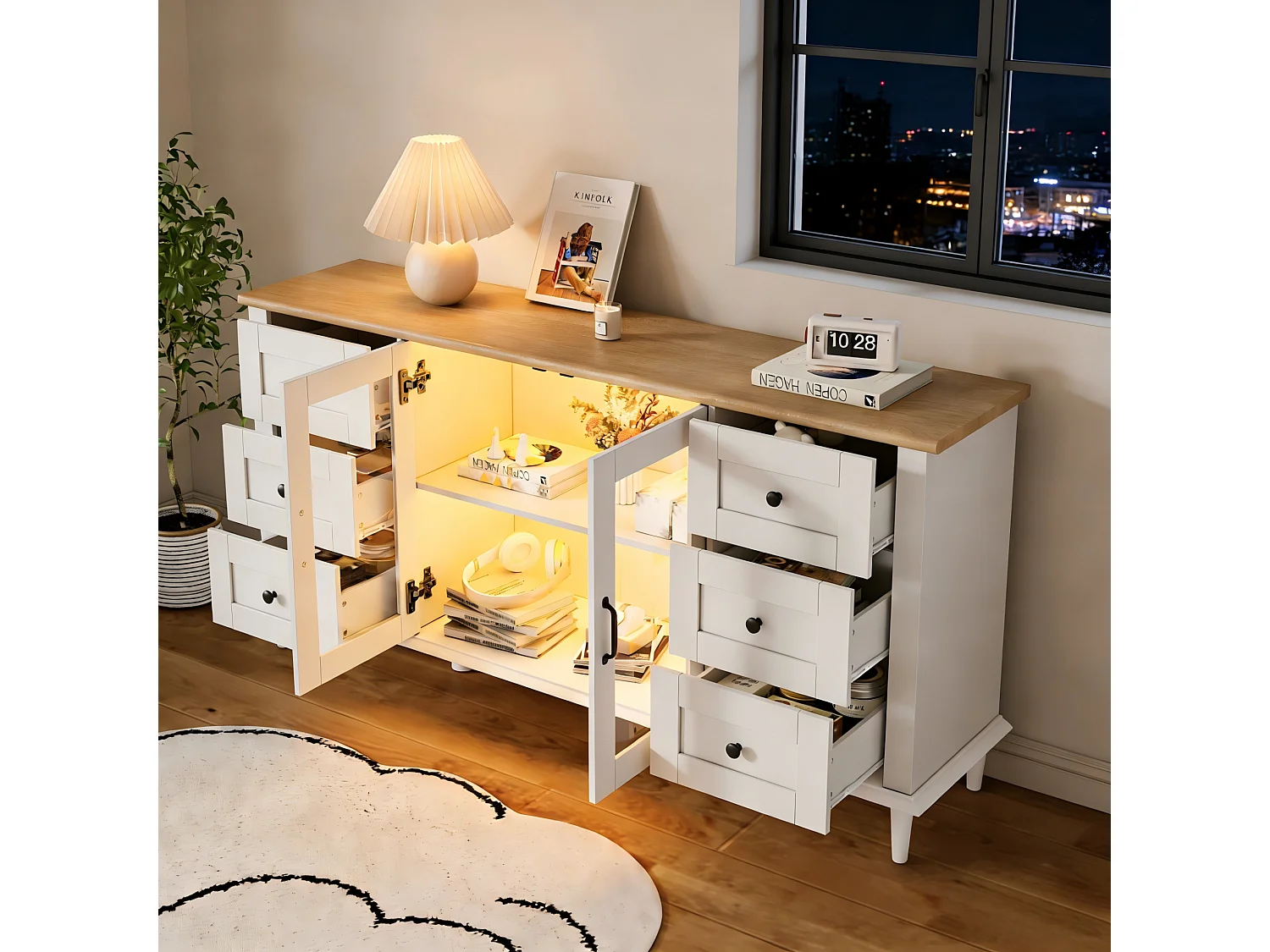 Buffet de salon avec LED, 6 tiroirs et 2 portes acryliques, blanc et bois, 150 x 40 x 75 cm
