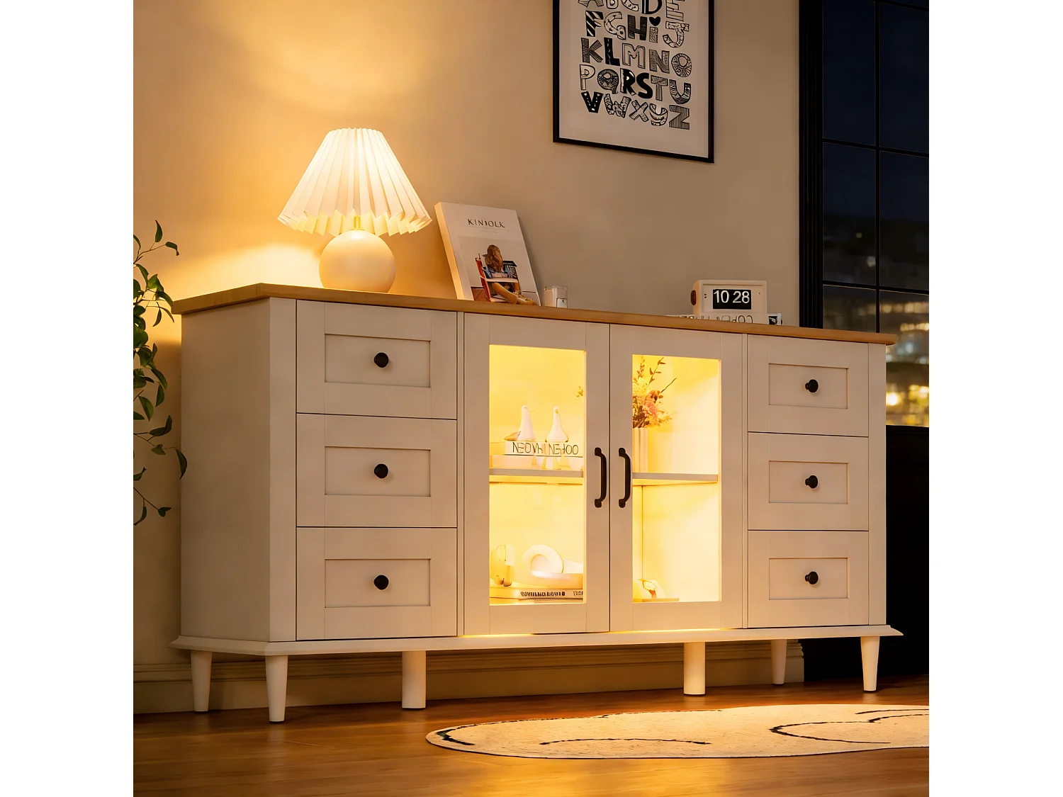 Buffet de salon avec LED, 6 tiroirs et 2 portes acryliques, blanc et bois, 150 x 40 x 75 cm