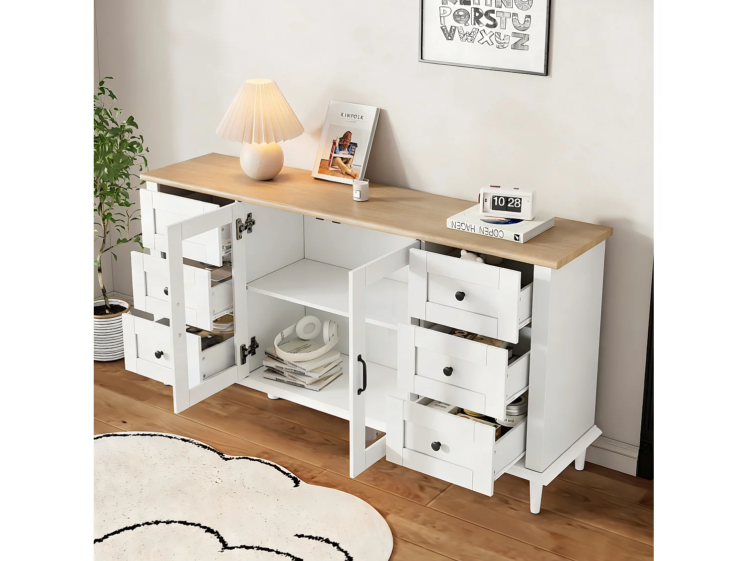 Buffet de salon avec LED, 6 tiroirs et 2 portes acryliques, blanc et bois, 150 x 40 x 75 cm