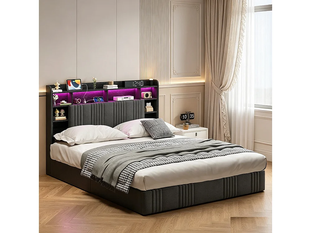 Lit de stockage hydraulique - 160 x 200 cm - Charge USB et éclairage LED - avec compartiment pour tête - Linge - gris