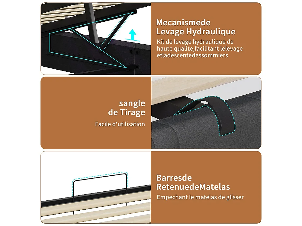 Lit de stockage hydraulique - 160 x 200 cm - Charge USB et éclairage LED - avec compartiment pour tête - Linge - gris