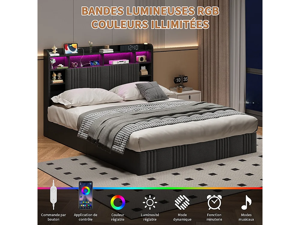 Lit de stockage hydraulique - 160 x 200 cm - Charge USB et éclairage LED - avec compartiment pour tête - Linge - gris