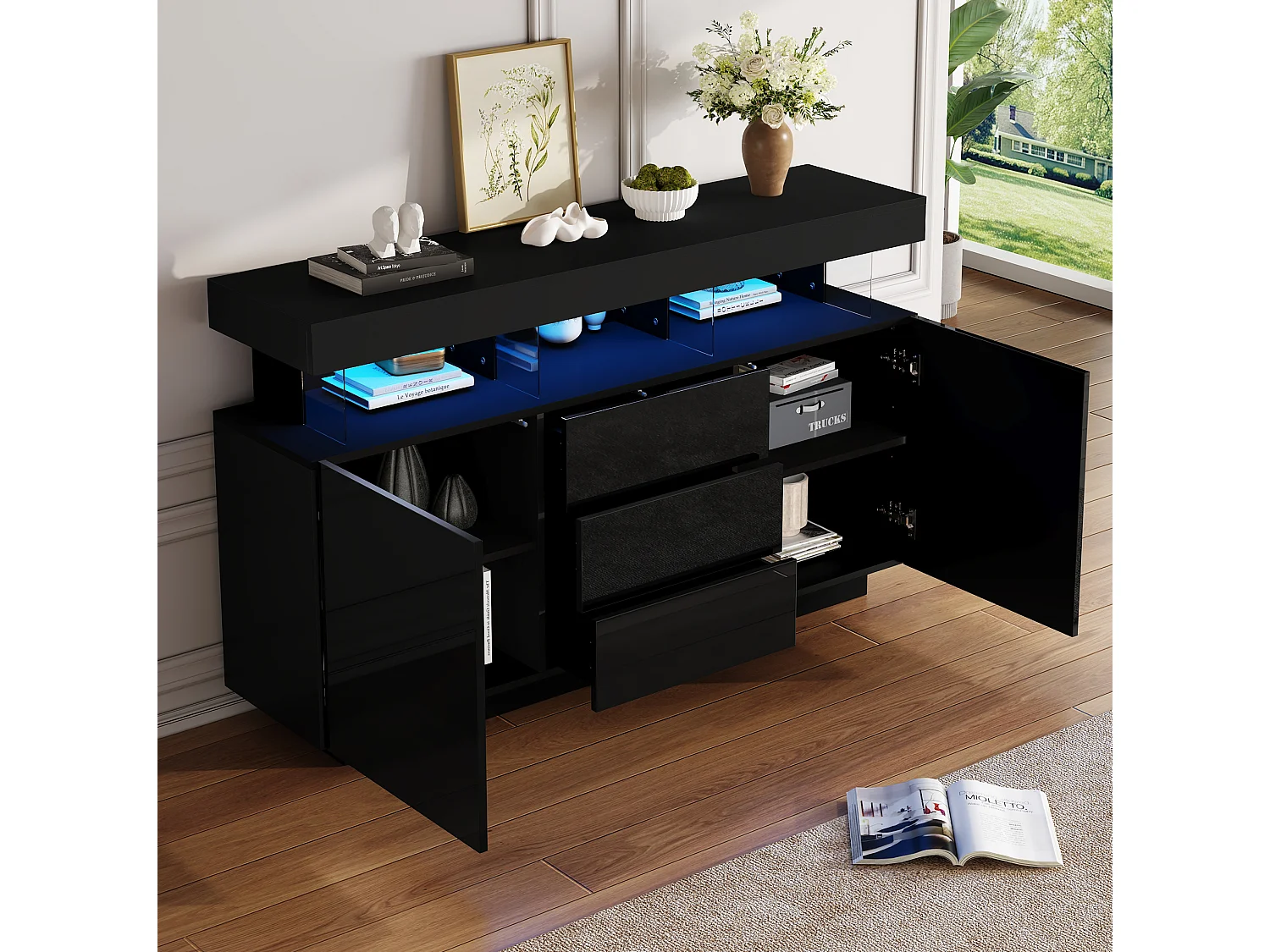 Buffet de cuisine avec led, 3 tiroirs et 2 portes, noir, 140 x 35 x 80 cm