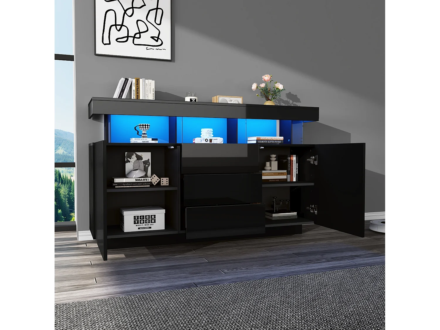 Buffet de cuisine avec led, 3 tiroirs et 2 portes, noir, 140 x 35 x 80 cm