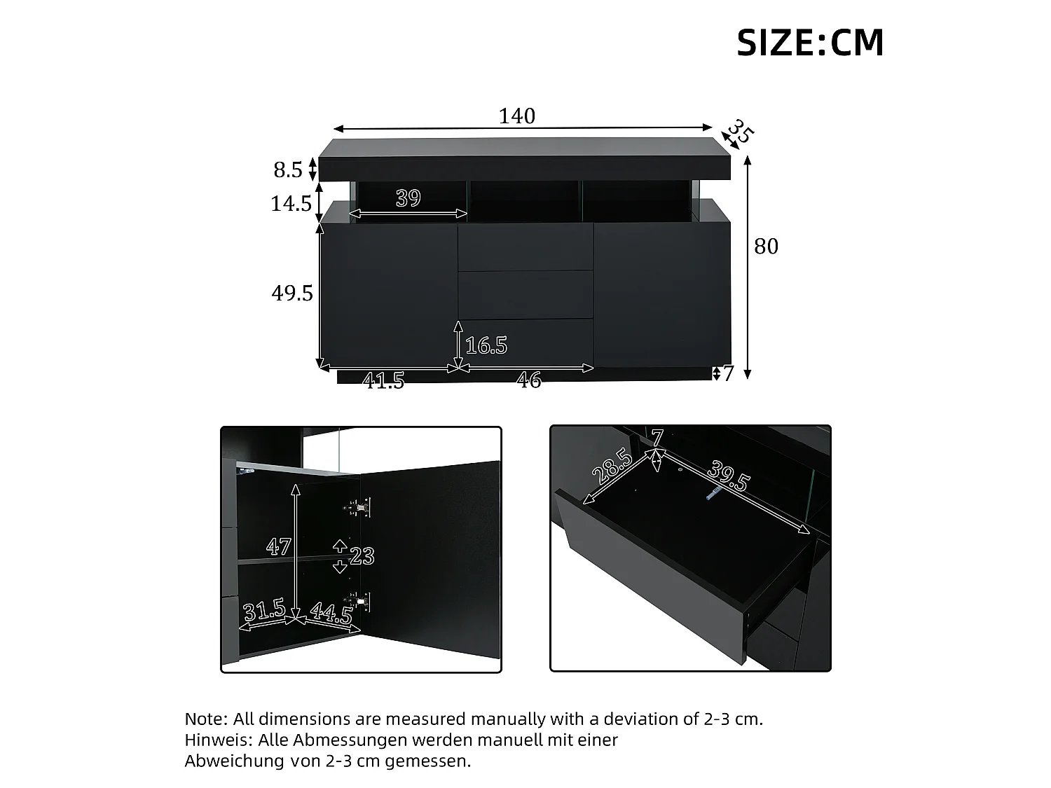 Buffet de cuisine avec led, 3 tiroirs et 2 portes, noir, 140 x 35 x 80 cm