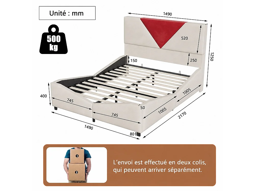 Lit de stockage hydraulique - 140 x 200 cm - Tête triangulaire bicolore - avec bande LED RVB - Velvet - beige