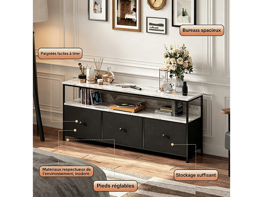Supports TV - 108 x 30 x 57cm - Avec éclairage LED - 3 tiroirs en tissu & haut en bois & cadre métallique - Noir