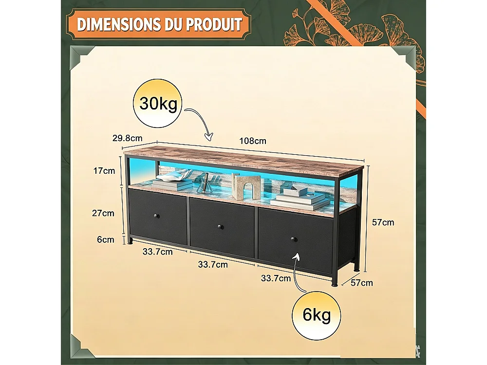 Supports TV - 108 x 30 x 57cm - Avec éclairage LED - 3 tiroirs en tissu & haut en bois & cadre métallique - Noir