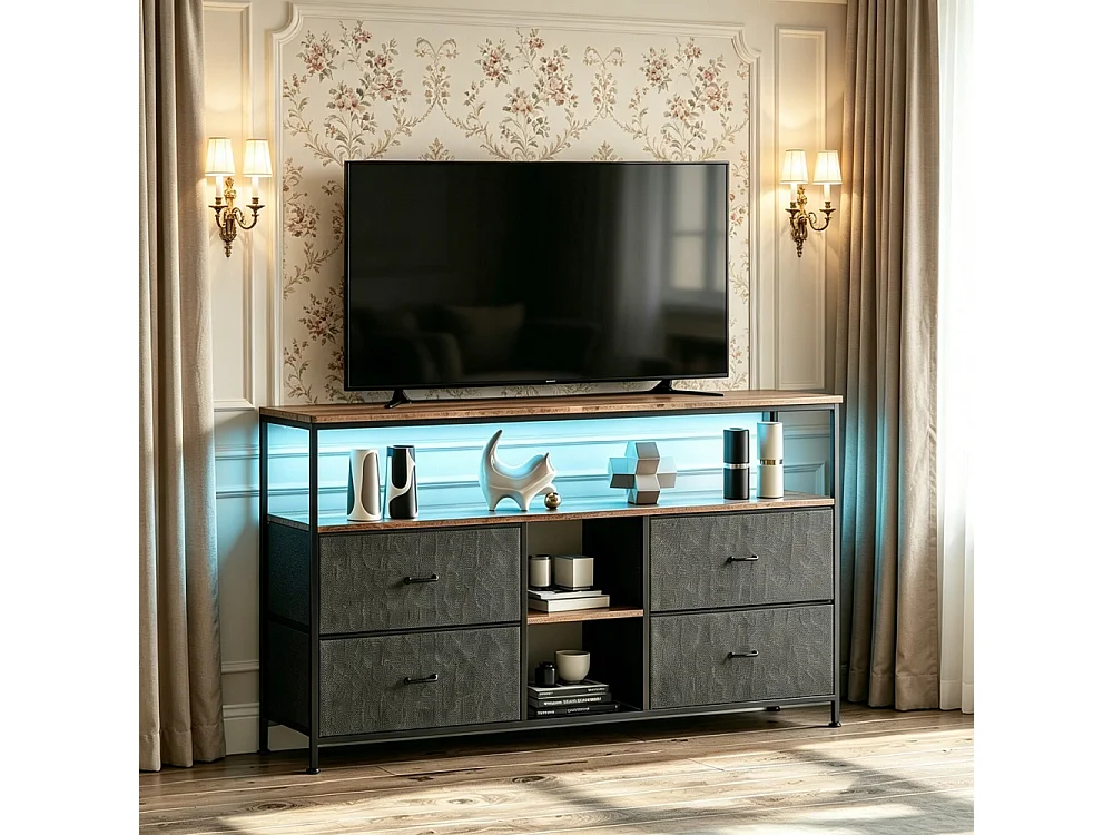 Supports TV - 137 x 30 x 78 cm - Avec éclairage LED - 4 tiroirs et compartiments ouverts & haut en bois & cadre métallique - noir