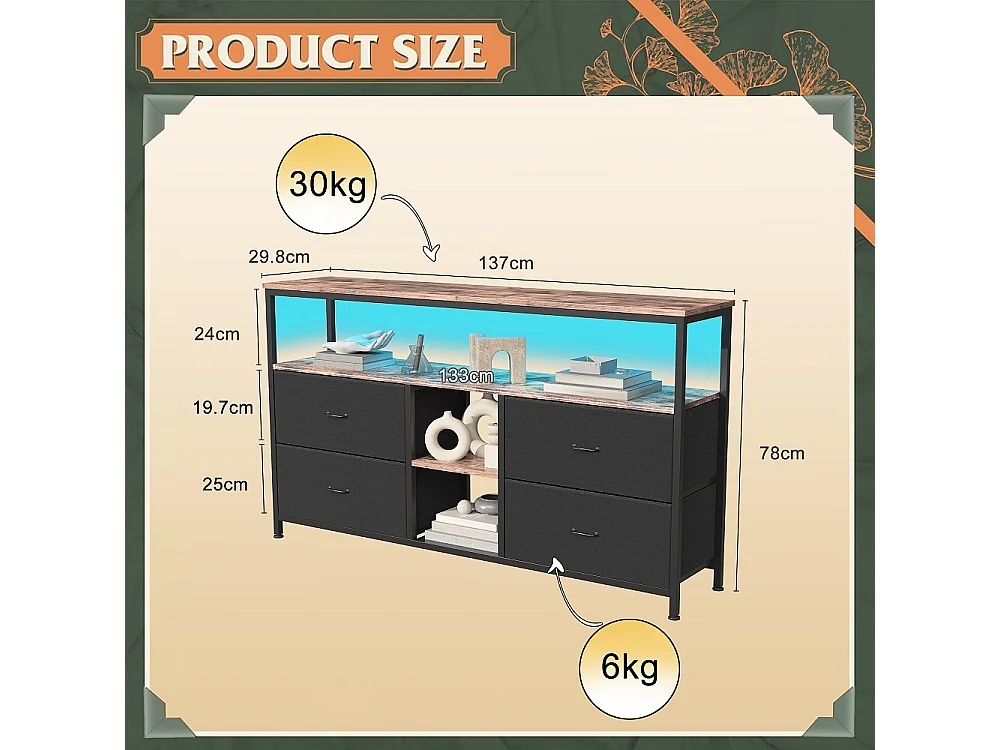 Supports TV - 137 x 30 x 78 cm - Avec éclairage LED - 4 tiroirs et compartiments ouverts & haut en bois & cadre métallique - noir