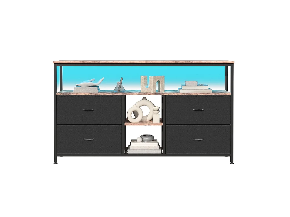 Supports TV - 137 x 30 x 78 cm - Avec éclairage LED - 4 tiroirs et compartiments ouverts & haut en bois & cadre métallique - noir