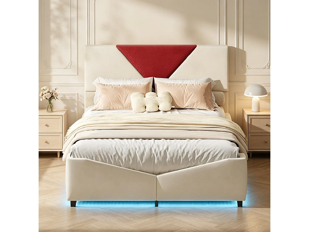Lit de stockage hydraulique - 140 x 190 cm - Tête triangulaire bicolore - avec bande LED RVB - Velvet - beige
