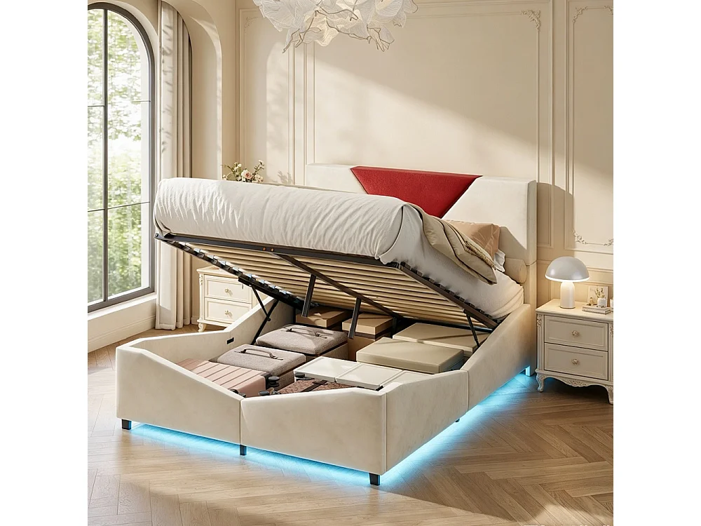 Lit de stockage hydraulique - 140 x 190 cm - Tête triangulaire bicolore - avec bande LED RVB - Velvet - beige