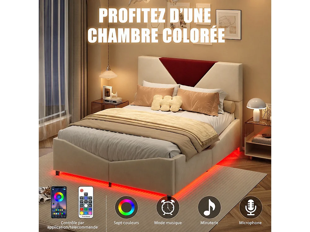 Lit de stockage hydraulique - 140 x 190 cm - Tête triangulaire bicolore - avec bande LED RVB - Velvet - beige