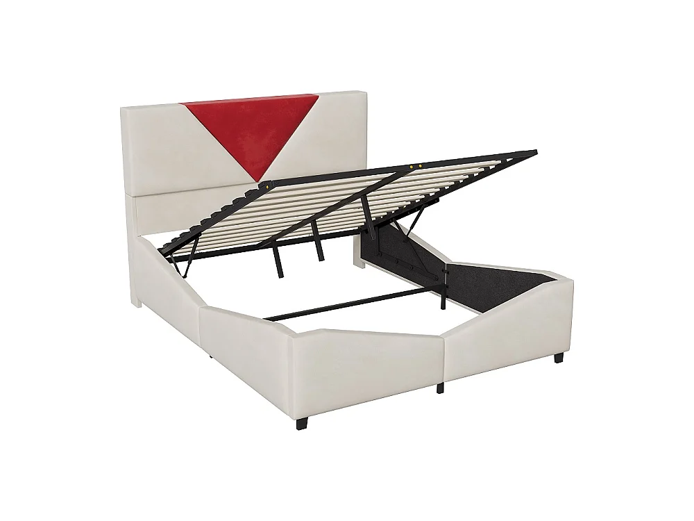 Lit de stockage hydraulique - 140 x 190 cm - Tête triangulaire bicolore - avec bande LED RVB - Velvet - beige