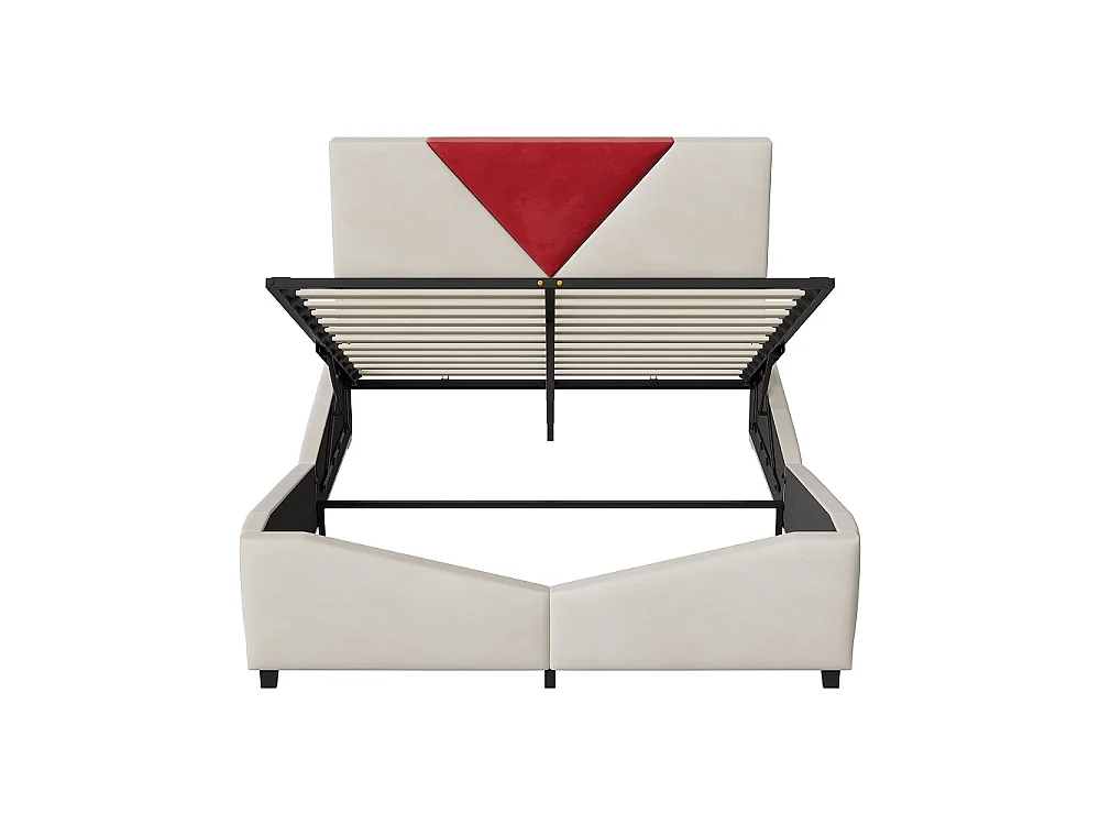 Lit de stockage hydraulique - 140 x 190 cm - Tête triangulaire bicolore - avec bande LED RVB - Velvet - beige