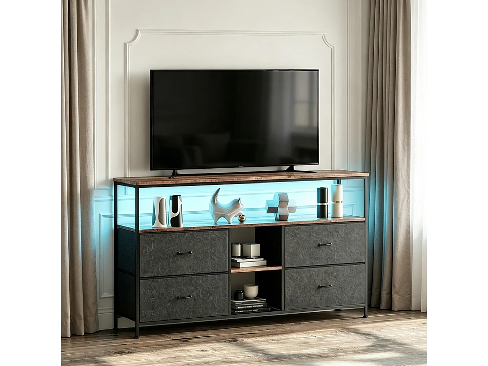 Supports TV - 108 x 30 x 77 cm - Avec éclairage LED - 4 tiroirs et compartiments ouverts & haut en bois & cadre métallique - noir