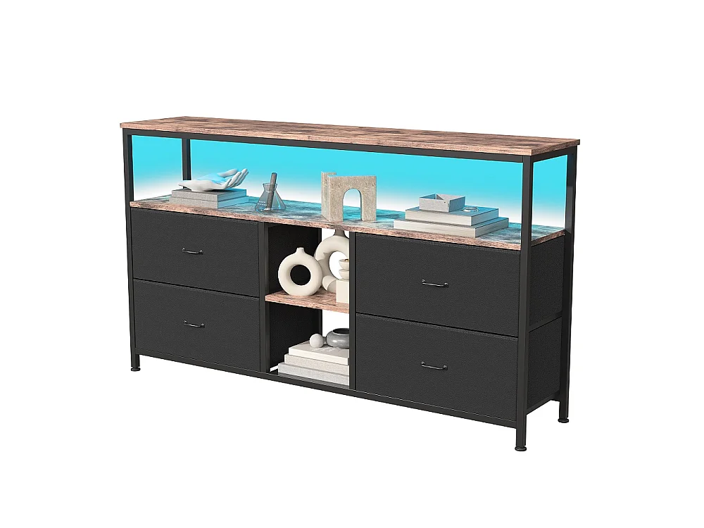 Supports TV - 108 x 30 x 77 cm - Avec éclairage LED - 4 tiroirs et compartiments ouverts & haut en bois & cadre métallique - noir