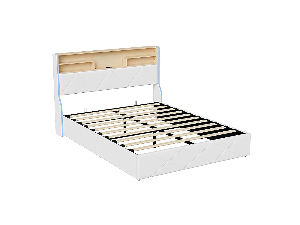 Lit hydraulique - 160 x 200 cm - Cabinet LED avec espace de stockage - avec station de charge USB - PU - blanc