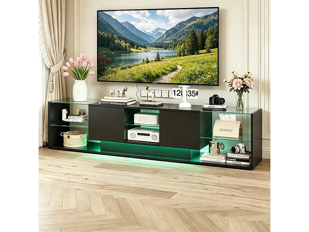 Banc TV haute brillance - 200 × 45 × 35 cm - Éclairage LED - avec 2 armoires de rangement et 6 étagères - Noir