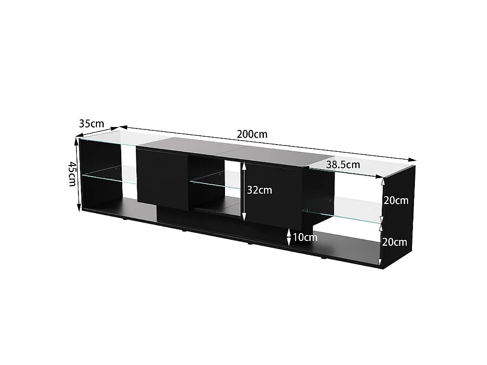Banc TV haute brillance - 200 × 45 × 35 cm - Éclairage LED - avec 2 armoires de rangement et 6 étagères - Noir
